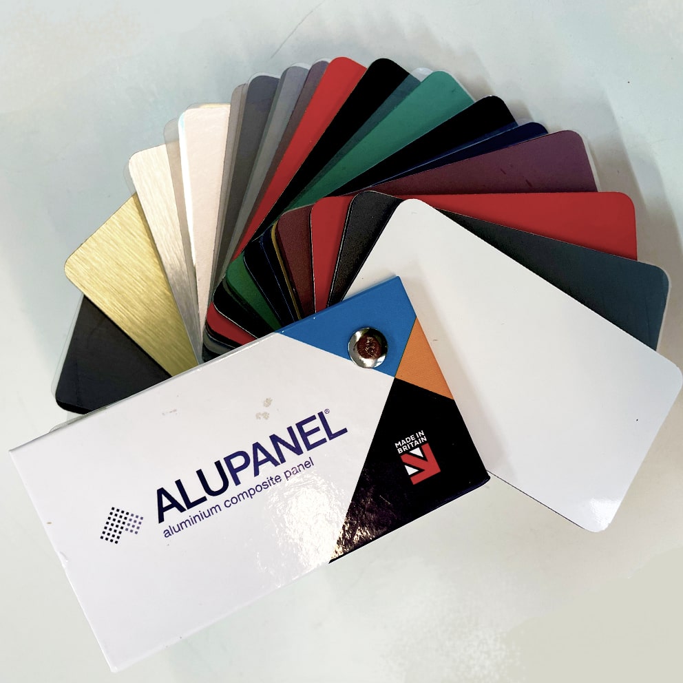 Alupanel Composite Sheet Colour Swatches Open on white desk